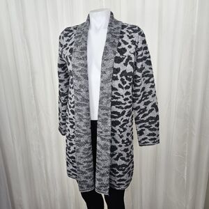 DKNY Black and Gray Leopard Animal Print Open Front Long Cardigan Sweater XS/S
